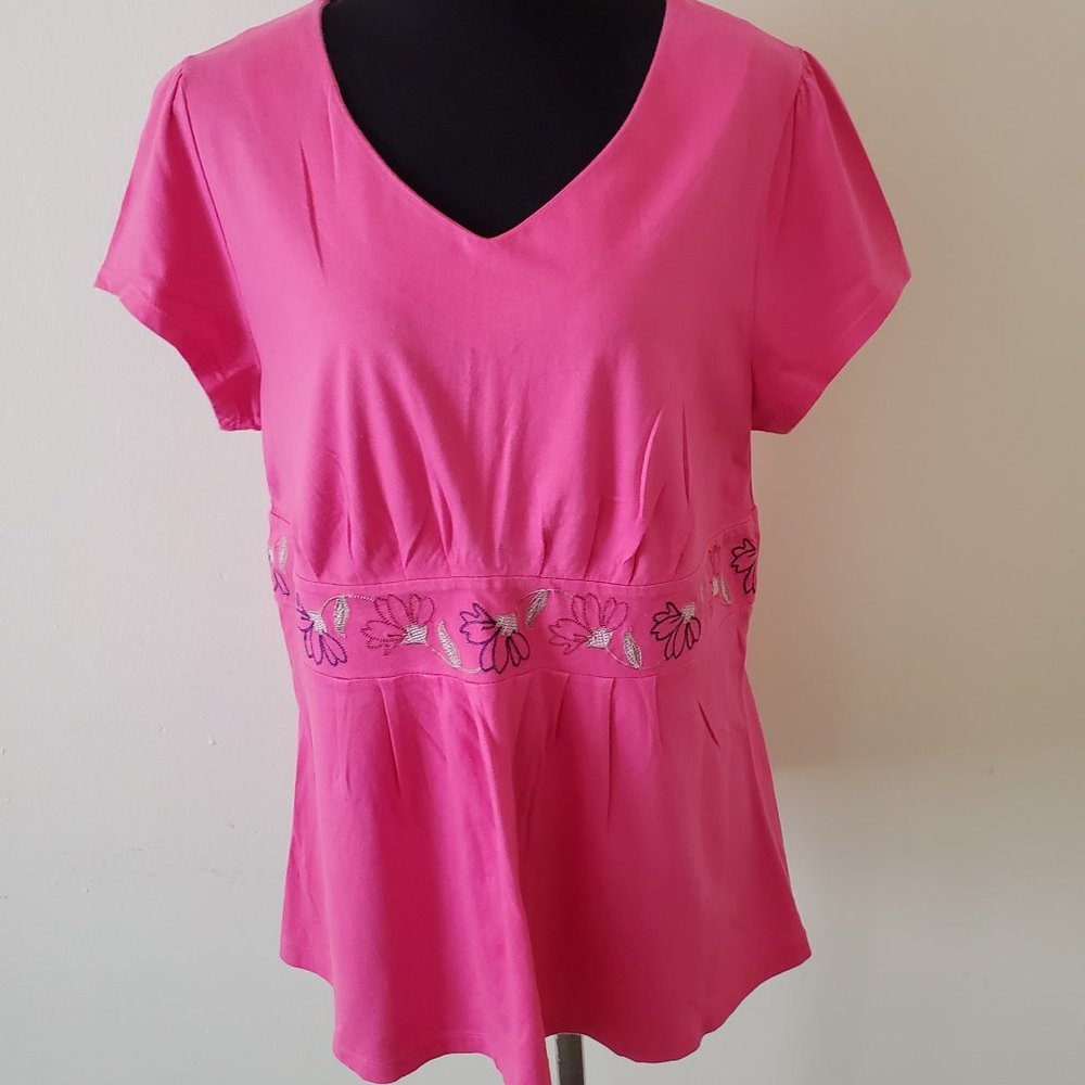 Studio Works Embroidered Pink V Neck Tee Shirt Top